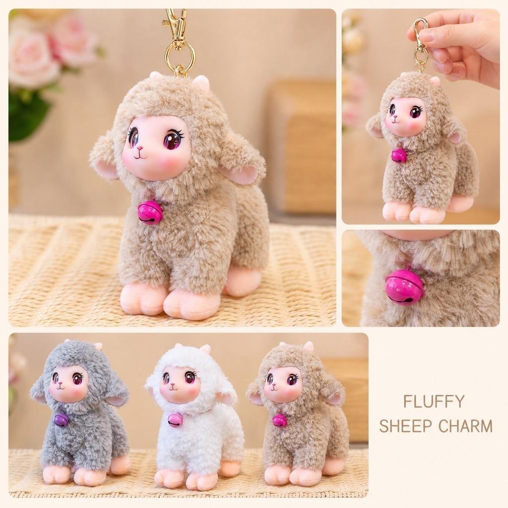 Faux Plush Lamb Keychain with Bell, Wool Charm for Backpack, Purse, and Bag Decoration