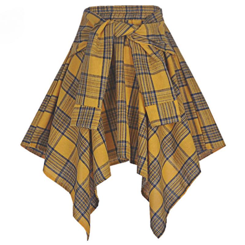 Elastic Waistband Plaid Irregular Skirt Short Skirt with Tie Up Bow Tie Sporty Street Dance Style for Women
