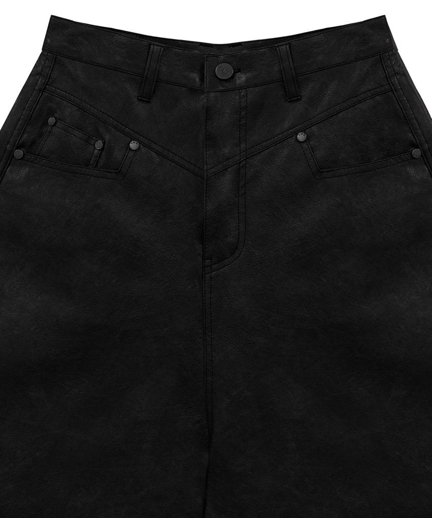 Teulimingbeodeu Front Yoke Leather Pants [ Black ]