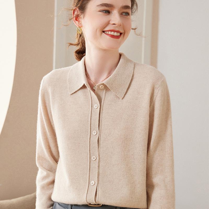 Women's Fashion Cashmere POLO Collar Long Sleeve Cardigan Sweater