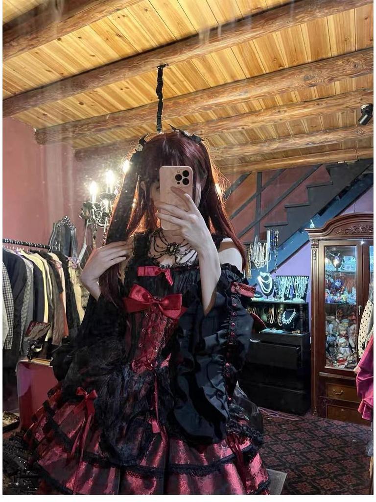 In-Stock Rose Butler Black & Red Strappy Lolita JSK Dress - Cute Two-Dimensional Sweet & Spicy Cosplay Outfit