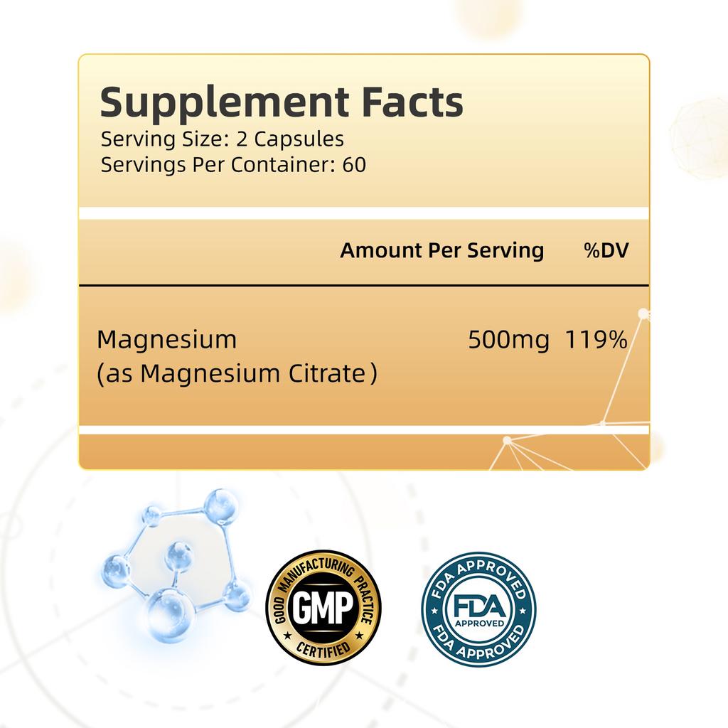 Magnesium Citrate Capsules, 500 Mg Per Serving, All-natural, Gluten-free, Suitable for Both Men and Women.