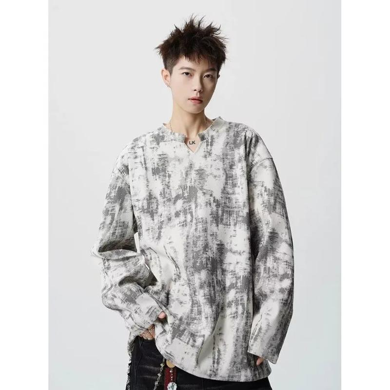 

Мужская футболка тай-дай с V-образным вырезом и длинными рукавами, осенняя, трендовая, свободная толстовка, повседневный базовый лонгслив L белый