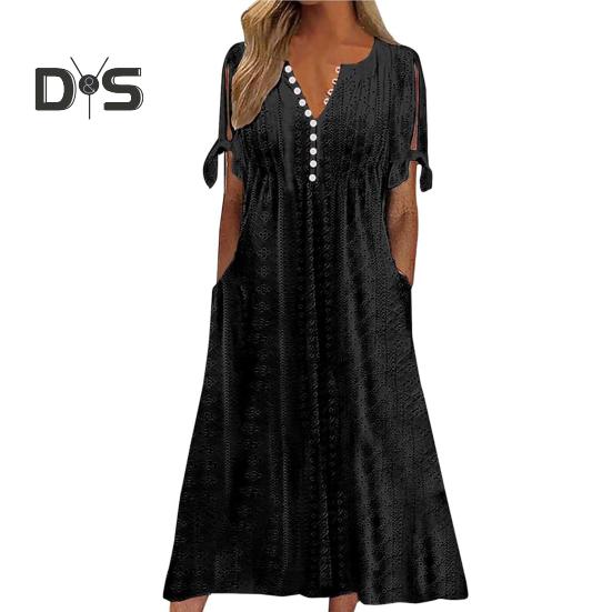 Women's Summer Maxi Dress Boho Eyelet Button V Neck Tie Knot Short Sleeve Midi Dress Summer Beach Vacation Sundress
