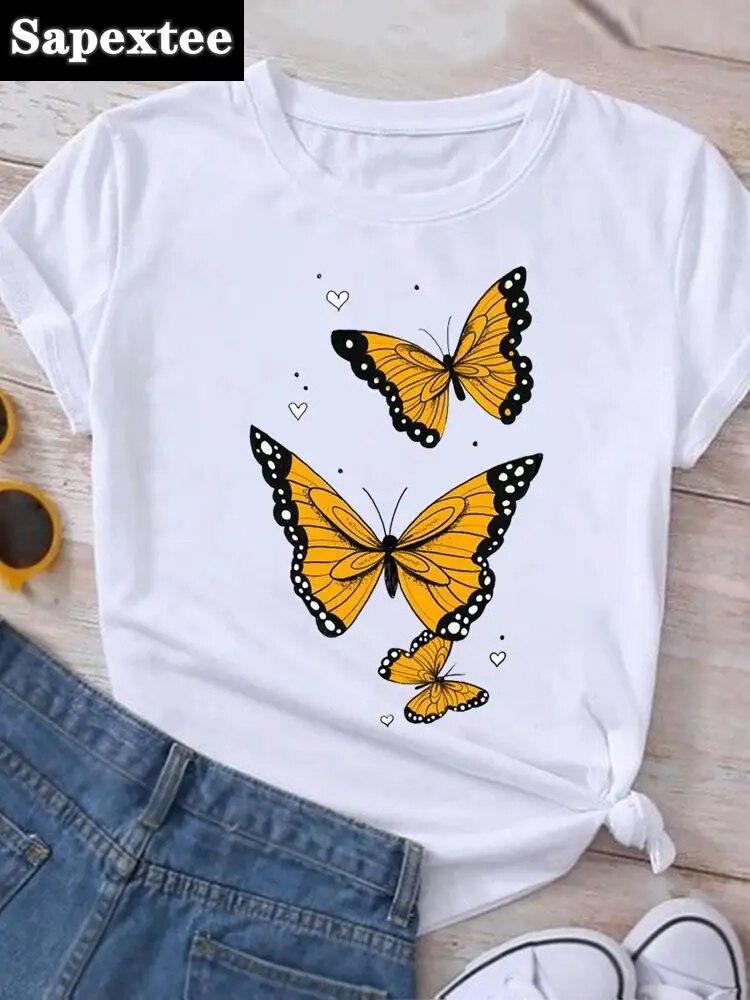 Graphic T Shirt Sunflower Butterfly Cute Summer Casual Clothing Short Sleeve Women Print Fashion Clothes Tee T-shirt FeUnisex Top