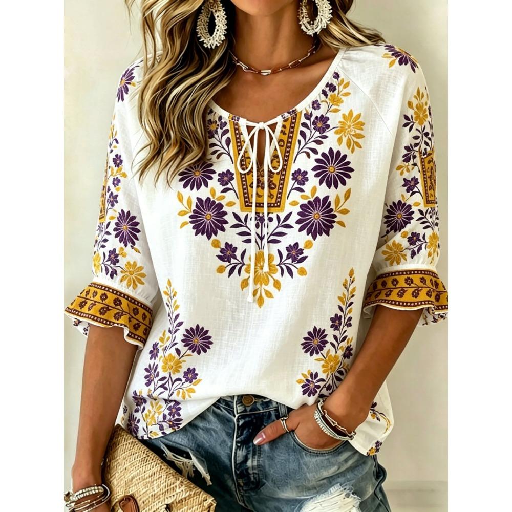 Women's White Floral Embroidery Tie Neck Blouse, Casual Loose Tops for Spring Summer Daily Wear & Vacation Occasions