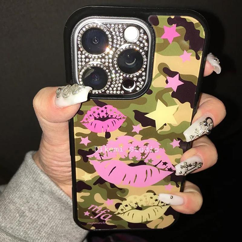 

Y2K Spicy Girl Camouflage Star Rose Red Lip Print Korean Cute Phone Case For iPhone 16 15 14 13 12 11 Pro Max XR 7 8 Plus Cover For iPhone 16 Pro Max