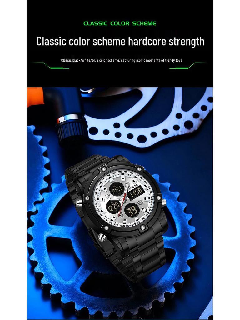 Sanda Dual Movement 5ATM Waterproof Multifunctional Steel Band Men's Watch with Alarm Clock