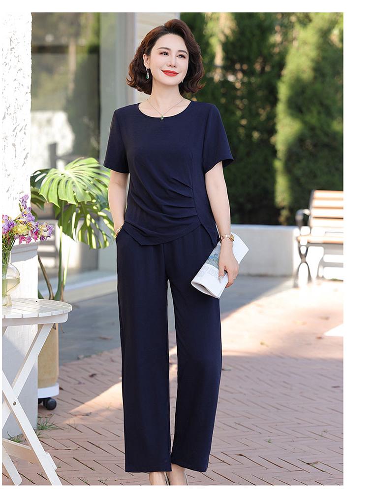 Summer Style Ice Silk Two-Piece Set: Short Sleeve Top and Casual Pants for Moms