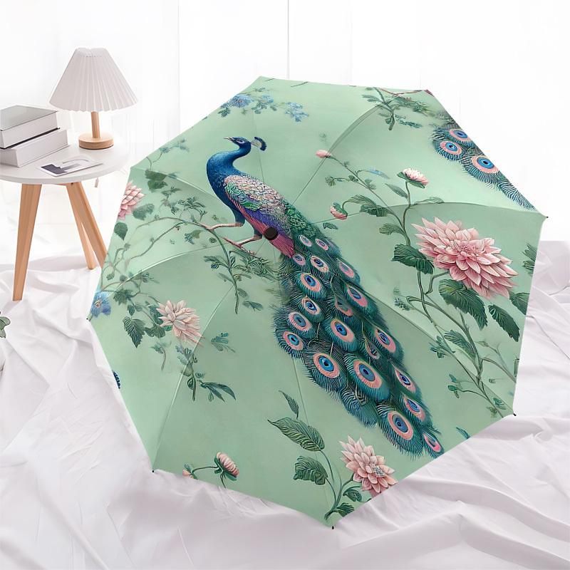 1PC Peacock Flowers Umbrella-8-Rib Reinforced, Automatic Open, Lightweight & Durable, Fashion Accessory for Outdoor, Beach L0331