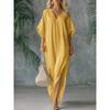 Women's V Neck Batwing Sleeve Maxi Dress Loose Fit High Waist Solid Linen Casual Dress