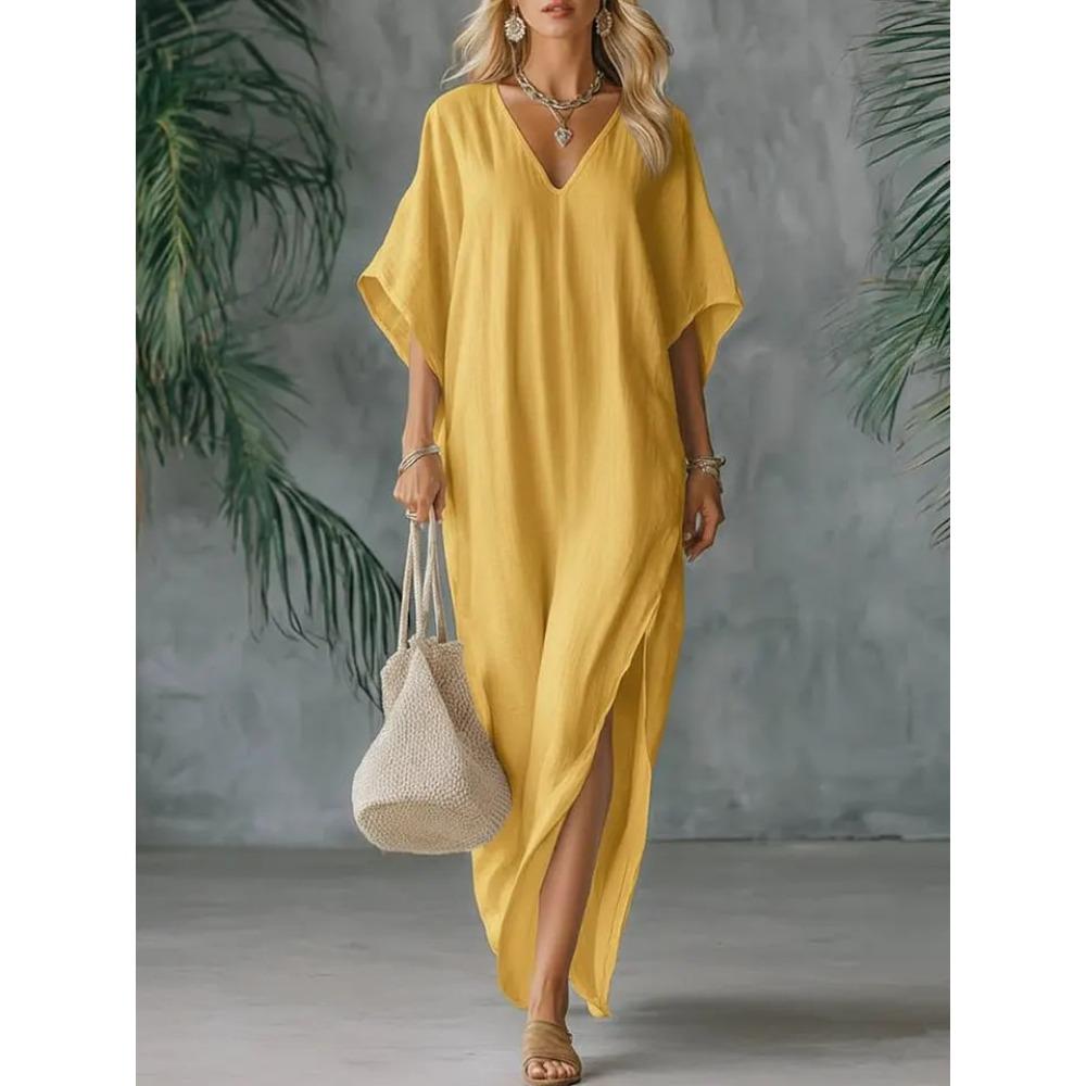 Women's V Neck Batwing Sleeve Maxi Dress Loose Fit High Waist Solid Linen Casual Dress