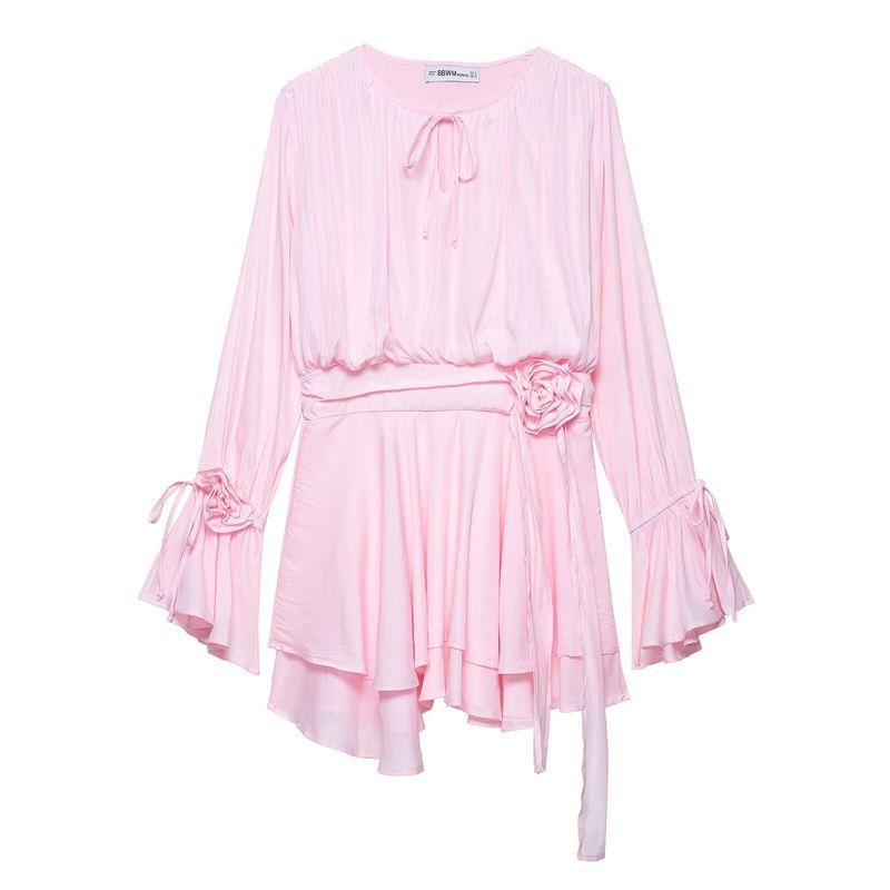 

Kaslead New Women clothes Western Style Fashion Simple Three-dimensional Flower Ribbon Long sleeve dress Pink L