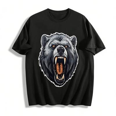 Roaring Black Bear Graphic Men's Casual Crew Neck Tee Pure Cotton T-shirt