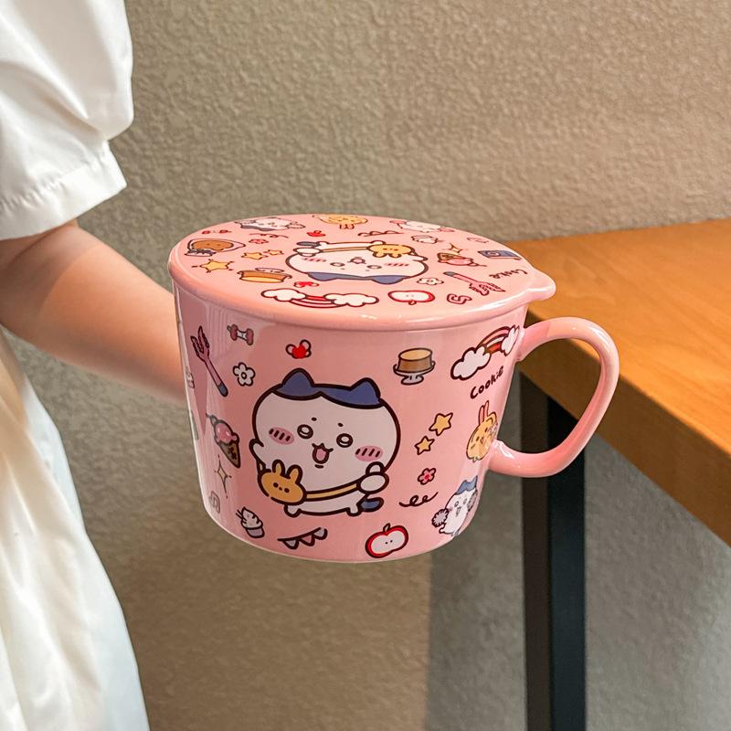 High-value and cute student large instant noodle cup Ceramic instant noodle bowl with lid Dormitory tableware Soup noodle ramen bowl