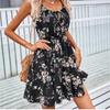 Women's Summer Floral Print Spaghetti Strap Mini Dress Tie Front Elastic Waist Sleeveless Casual Beach Sundress