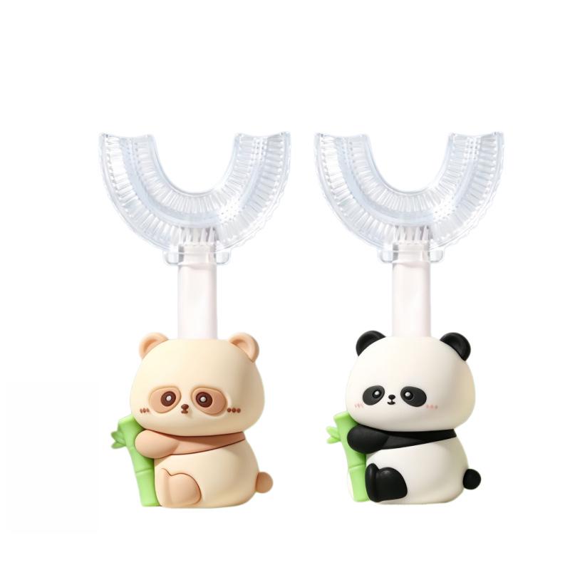 Children's U-shaped Toothbrush (1-12 Years) - Soft Silicone Bristles, Bamboo Panda Handle, Non-slip Grip