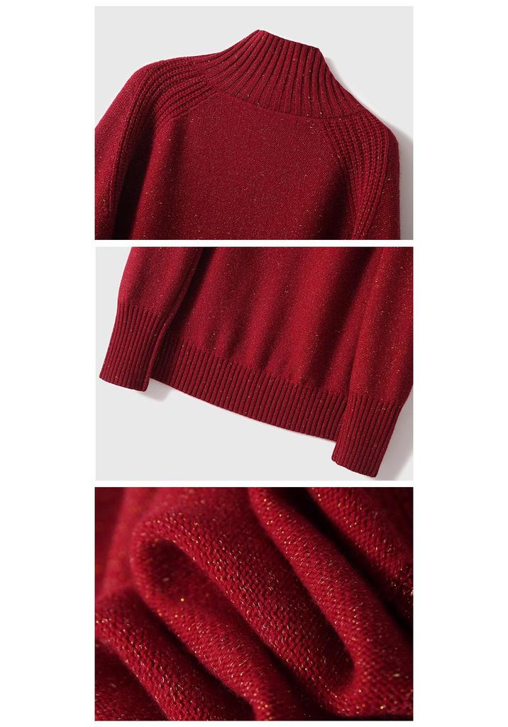 Elegant Red Sequin High-Neck Sweater: Women's Warm Knit Top for Autumn/Winter 2024
