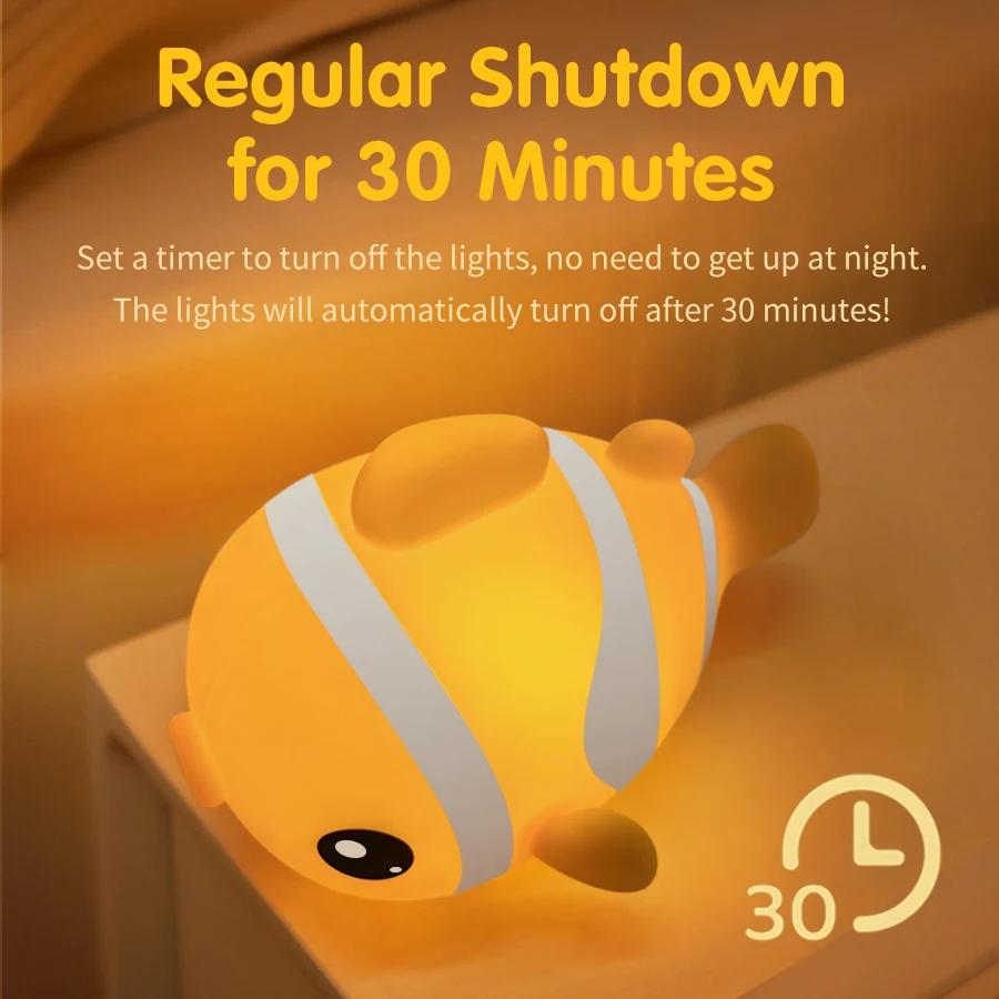 Cute Clownfish Silicone Patting Lamp LED Night Light Rechargeable Touch Bedside Sleeping Lamp Room Decor Kids Birthday Gifts