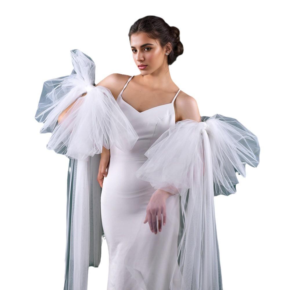 Detachable Big Puffy Tulle Shoulder Cuffs Long Streamer Floating Arm Sleeves Off Shoulder Bridal Accessory For Spaghetti Strap Wedding Gown Photoshoot