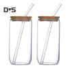 Glass Tumbler with Bamboo Lid Brushes Straw 470ml Can Shaped Glass Cups for Iced Coffee Soda Tea Beer & Ice Coffee Glasses Reusable Glassware