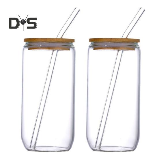 Glass Tumbler with Bamboo Lid Brushes Straw 470ml Can Shaped Glass Cups for Iced Coffee Soda Tea Beer & Ice Coffee Glasses Reusable Glassware