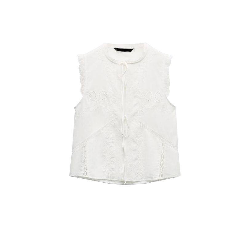 Spring New Women Clothes Sweet Round Neck Sleeveless Vertical Lace Bowknot Decoration Embroidery Top 0881070