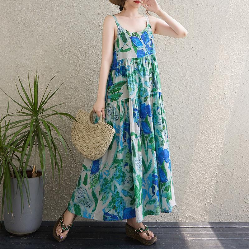 

2025 Summer Cotton Linen Patchwork Long Dress with Slimming Loose Fit and Large Hem One Size