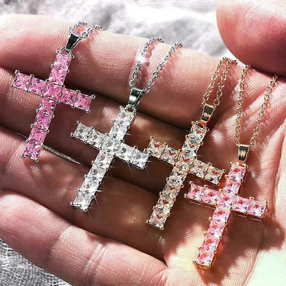 Shiny Square Zircon Cross Pendant Necklaces for Women Fashion Hip Hop Punk Rhinestone Chain Collar Party Jewelry
