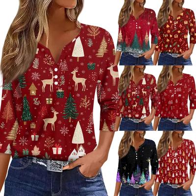 Women's T Shirt Christmas Print Button 3/4 Sleeve Daily Weekend Fashion Basic V- Neck Regular Top