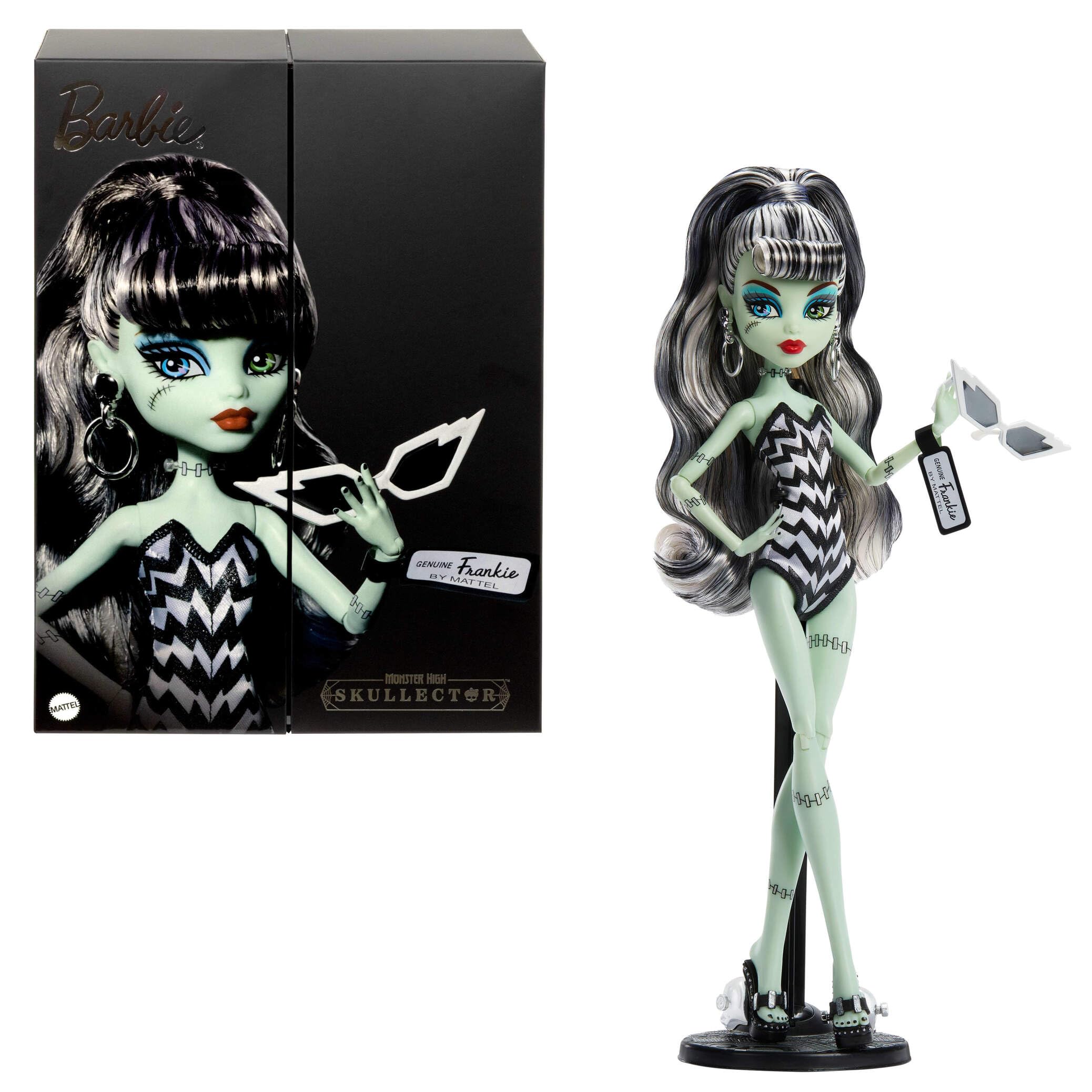 Monster High x Barbie Frankiestein original swimsuit and spotlight solo black evening dress and Doll Barbie-inspired accessories.