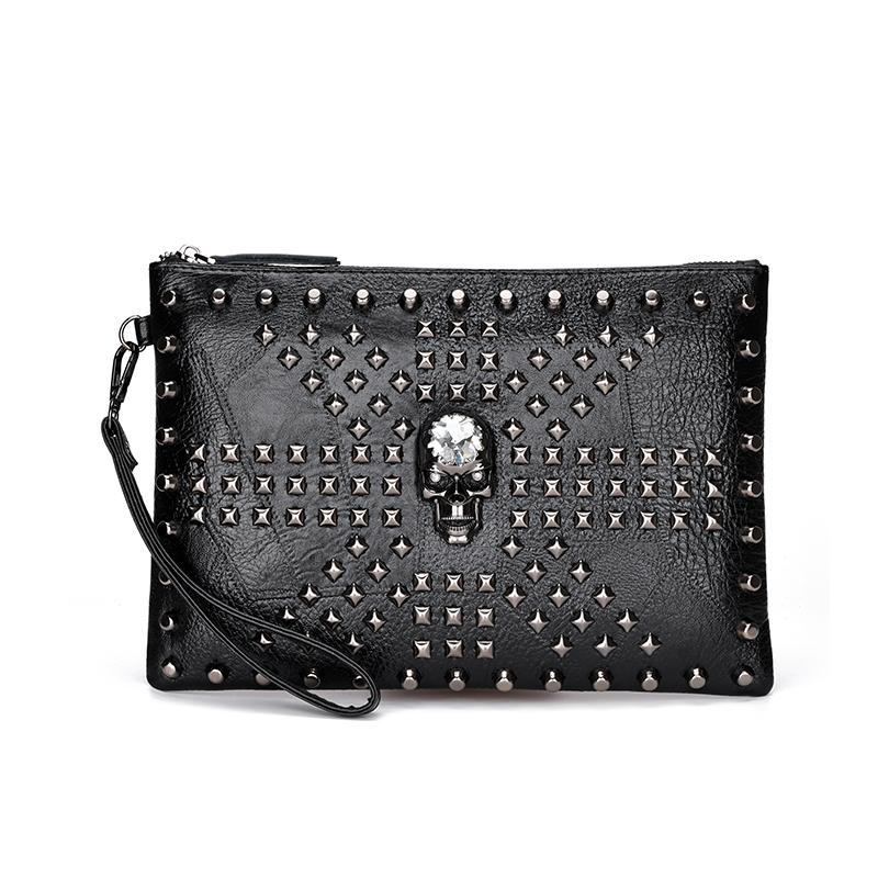 Men's Envelope Handbag Wallet Personalized Punk Rivet Shoulder Messenger Bag Black Portable Lightweight Handbag