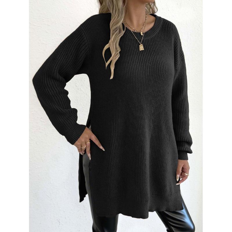 Women's Autumn Winter New Pullover Sweater Round Neck Split Knitted Casual Sweater