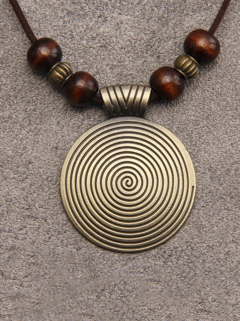 1 pezzo Collana con Pendente in Lega a Forma Geometrica e Perle di Legno Filettate per Donna, Catena Vintage per Maglione