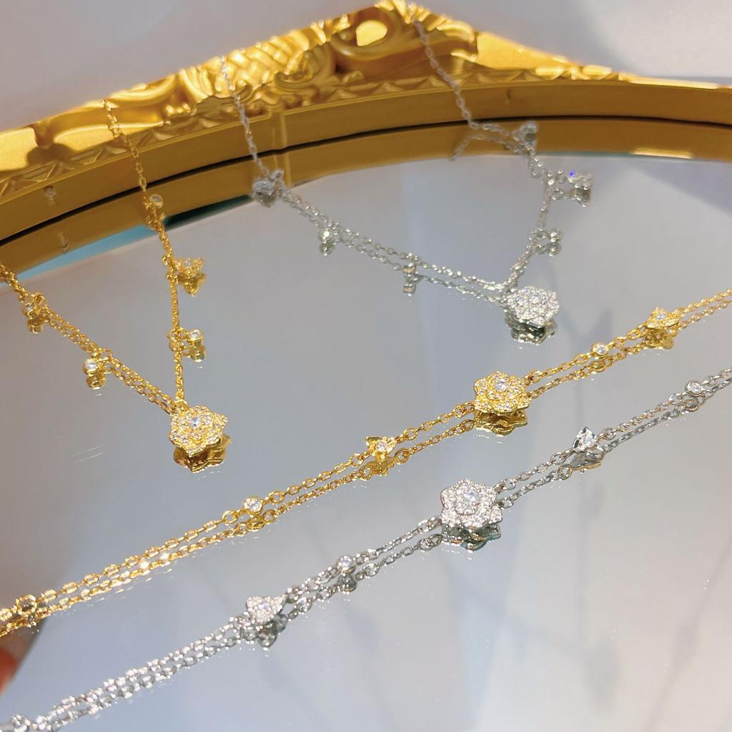 Star Full Diamond Rose Collarbone Chain Bracelet Star With Flower Necklace Light Luxury High-End Set