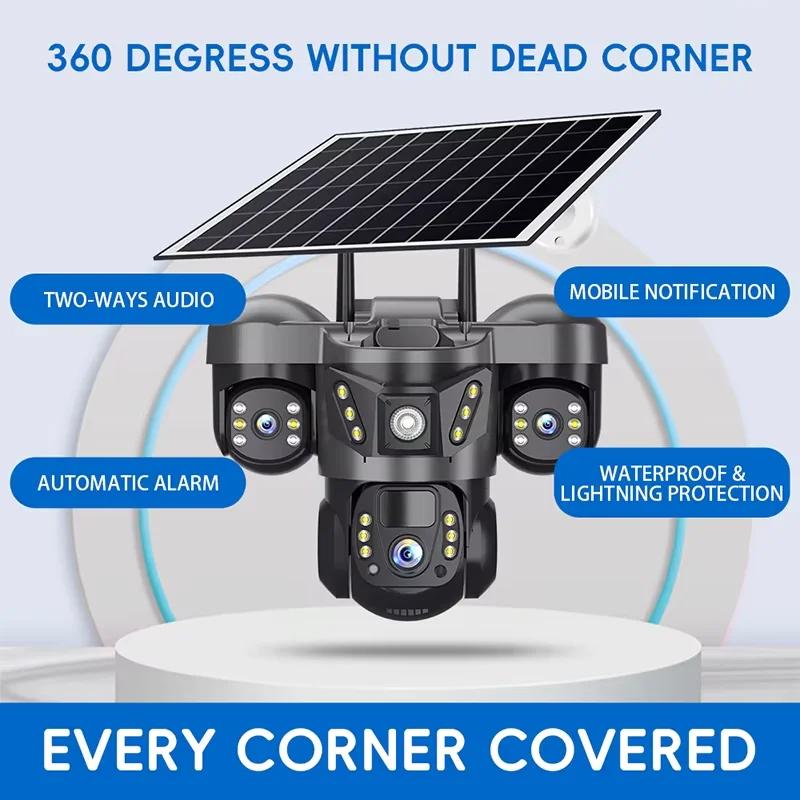 V380 Pro Wireless WiFi Solar Camera Three Lens Three Screen Human Detection 4G Sim Card Solar CCTV IP Camera