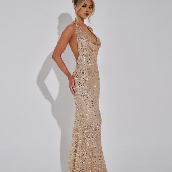 Women's Sheer Mesh Maxi Dress Sparkly Sequins See Through Halter Long Dress Deep V Neck Backless Bodycon Dress Sexy Party Outfits
