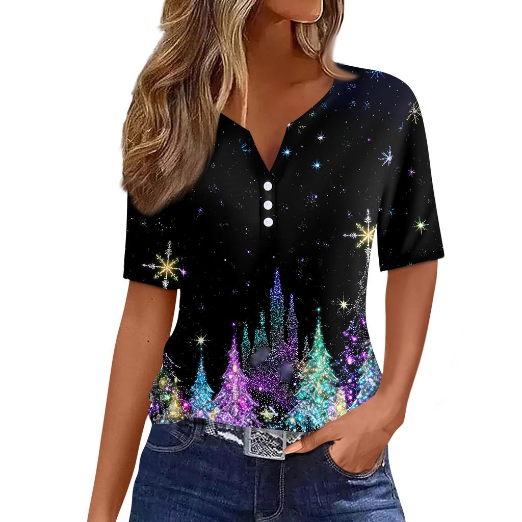 Women's T Shirt Christmas Print Button Short Sleeve Daily Weekend Fashion Basic V- Neck Regular Top
