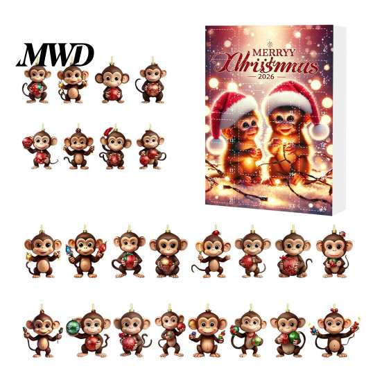 Christmas Tree Decoration Monkey Advent Calendar, 24 Days Countdown Calendar with 2D Acrylic Hanging Pendant Ornament, Funny Animal Xmas for
