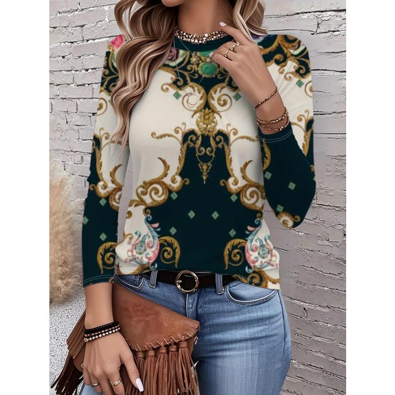 Spring and Autumn Round Neck Flower Pattern 3D Printed Top Fashionable Casual Long Sleeved Women's T-shirts