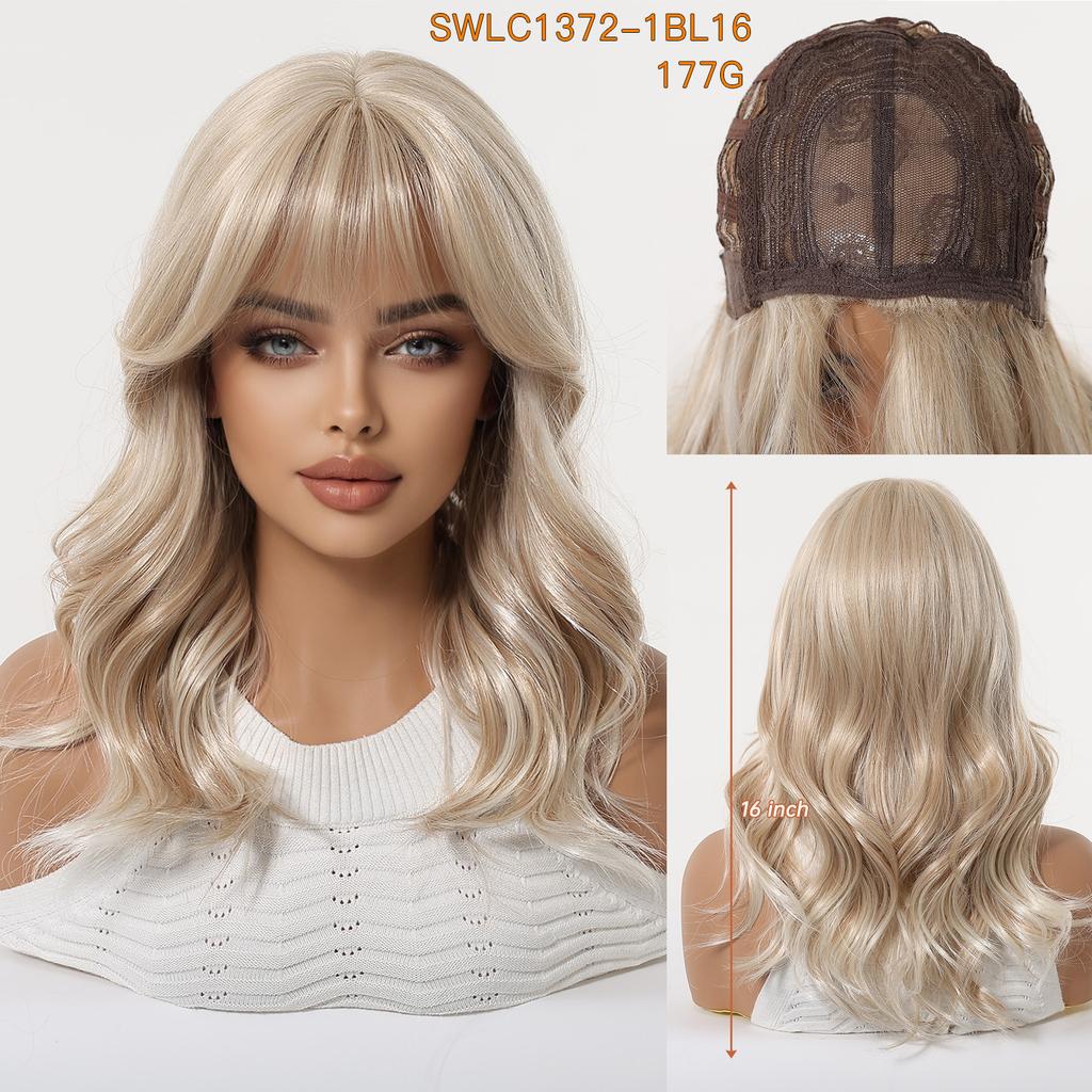 16inch Long Blonde Body Wavy Synthetic Wigs with Bangs for Women Heat Resistant Natural Hairs Wig for Daily Cosplay Party Wear