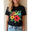 European Size Women's Hawaiian Aloha T-Shirt with Hibiscus & Plumeria Flower Print & Aloha Lettering -Crew Neck Top for Beachwear, Casual Outfits