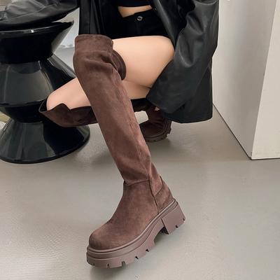 New Women's Boots Round Toe Mid Heel Shoes for Women Slip-on Platform Modern Boots Outdoor Solid Color Over-The-Knee Woman Boots