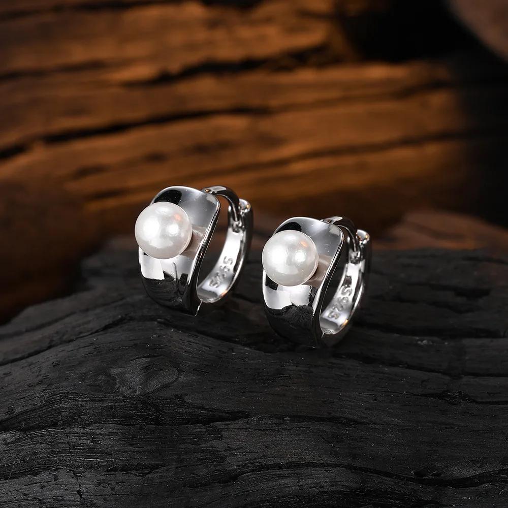 Simple Female Earrings  Sterling SIlver Pearl Ear Buckle Smooth Small Earrings for Women  Silver Needle Ear  Gift