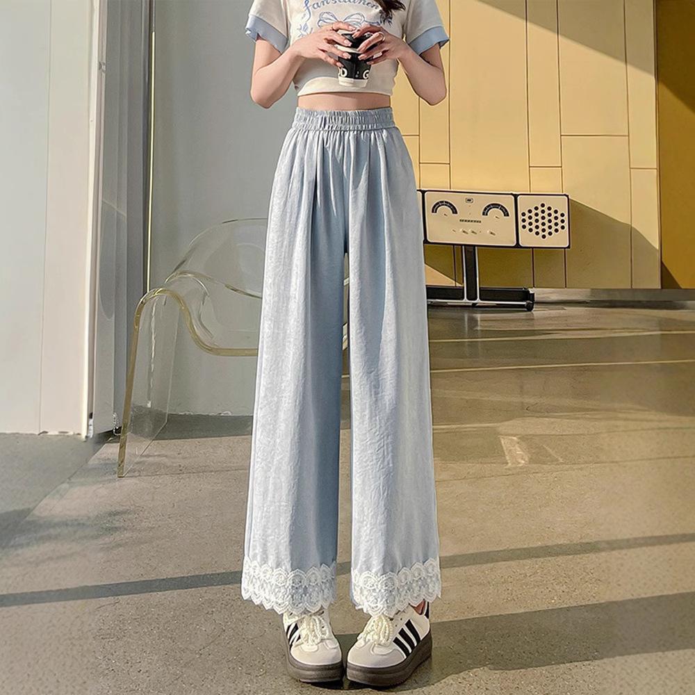 

Ice Silk Lace Trim Wide Leg Pants - Women s Slimming High Waist Casual Summer Petite Pants M (96-105 lbs)