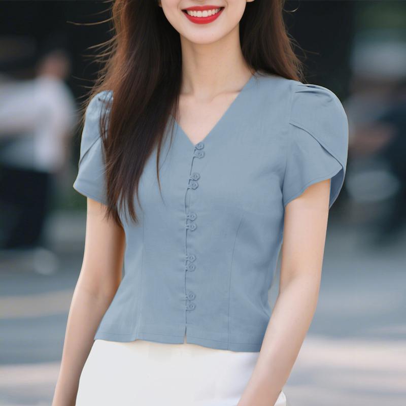 ZANZEA Women Casual V-Neck Summer Short Sleeve Plain Blouse