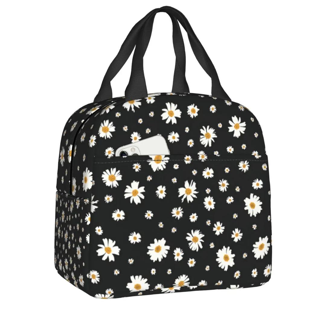 Custom Daisy Floral Lunch Bag Women Cooler Thermal Insulated Daisies Flower Lunch Box for Kids School Work Picnic Food Tote Bags