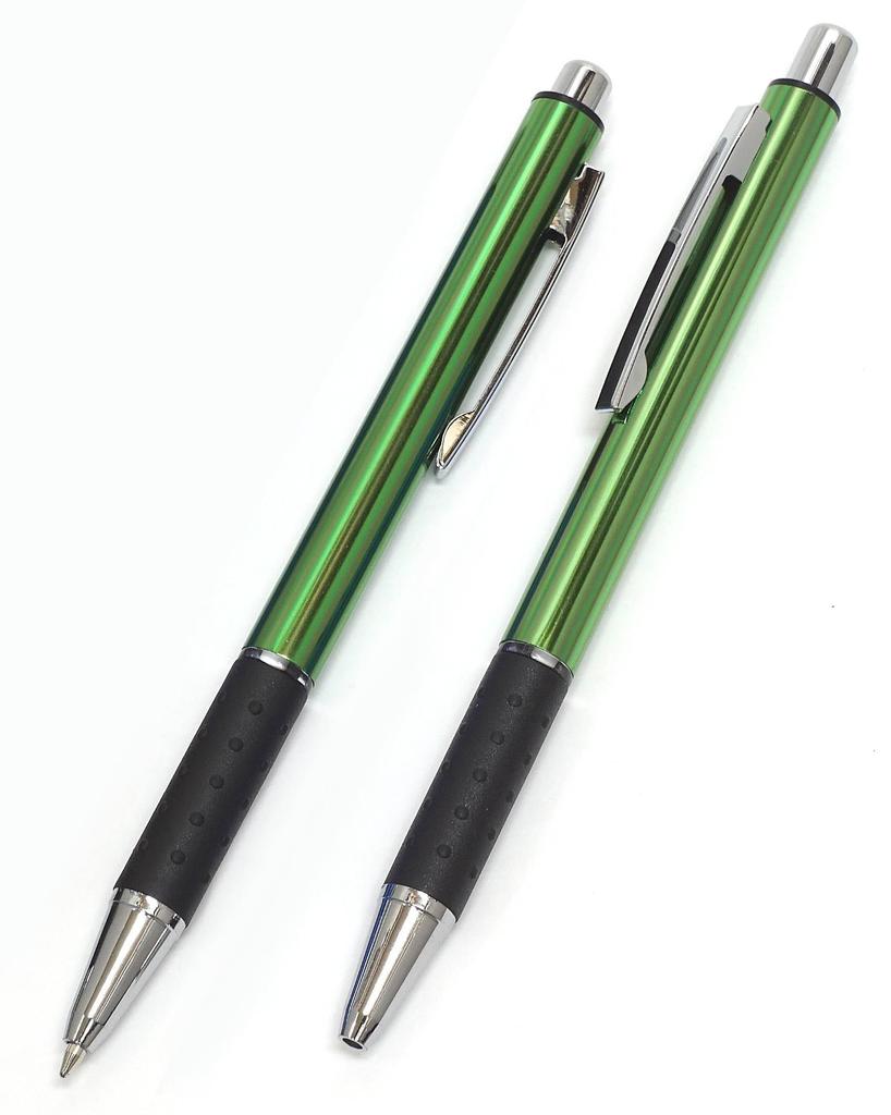 Recycled Cowhide Mini Notebook Cover Mocha with Cloth Pencil Case Green Metal Pitch Grip Ballpoint Pen Set Green & LS022PM-NK02G-WZ2067BP-G