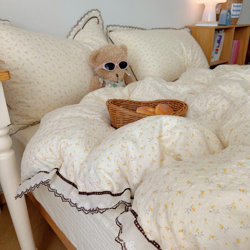 Korean French Style Hollow Lace Puff Cotton Bedding Set, Girly Duvet Cover - Available As 4-Piece or 3-Piece Set
