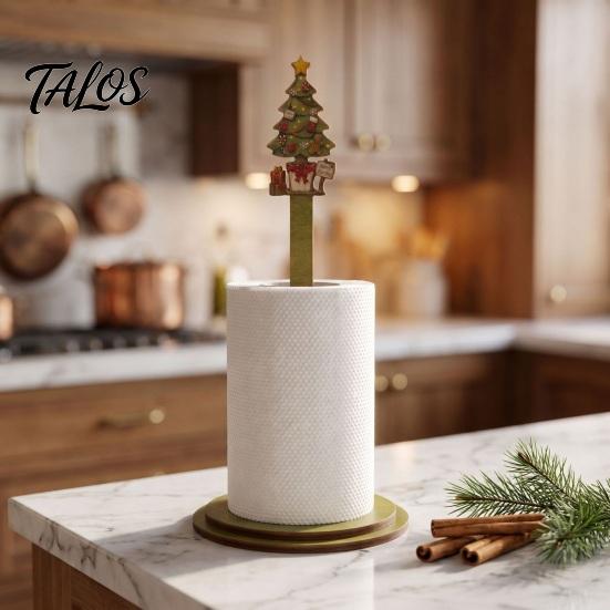 Holiday Kitchen Decor Christmas Wooden Paper Towel Holder, 2D Roll Dispenser with Snowman Countertop Organizer Santa Patterns, Decorative Tissue Stand